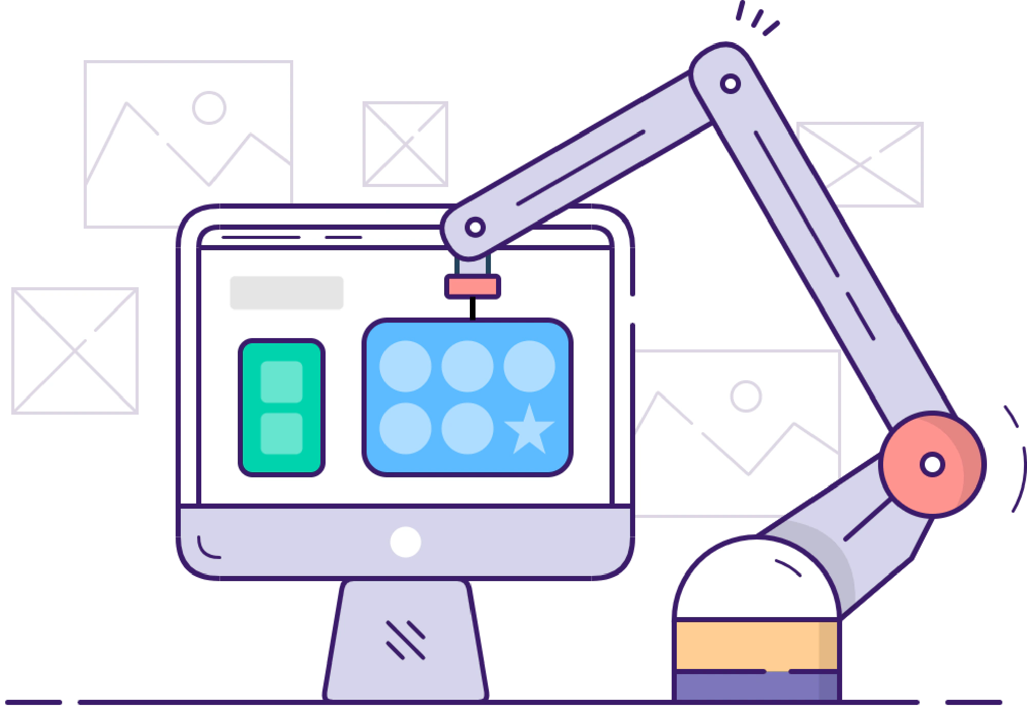 Illustration d’un écran d’ordinateur avec une interface en développement manipulée par un bras robotique, badge « ALPHA version ».
